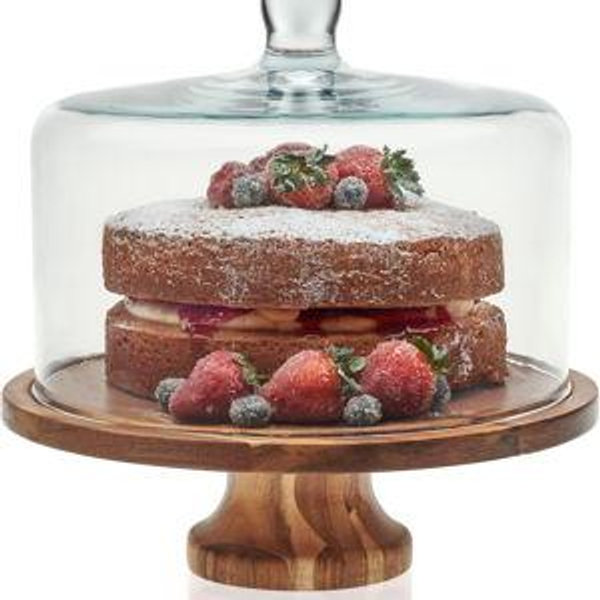 Libbey Acacia Wood Cake Stand with Lid, Footed Round Cake Container, Ball Top Handle Covered Cake Stand, Durable Glass Dome Cover
