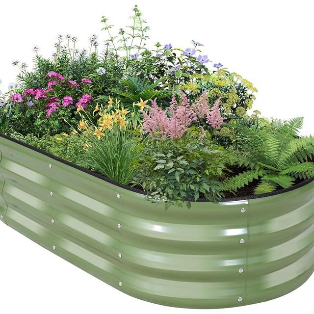 BIRDSINYARD Galvanized Raised Garden Bed Outdoor - 4×2×1ft Planter Raised Beds for Gardening | Oval Metal Garden Planter Box with Safety Edging and Gloves for Vegetables Fruits and Flowers OliveGreen