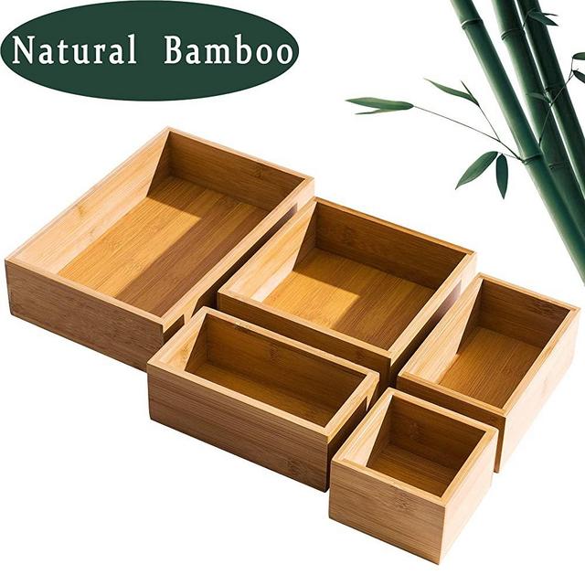 5 Piece Bamboo Drawer Organizer Set, Luxury Wooden Desk Storage Box Kit, Multi-use Junk Drawer Organizer for Office, Kitchen, Bedroom, Children Room, Craft, Sewing