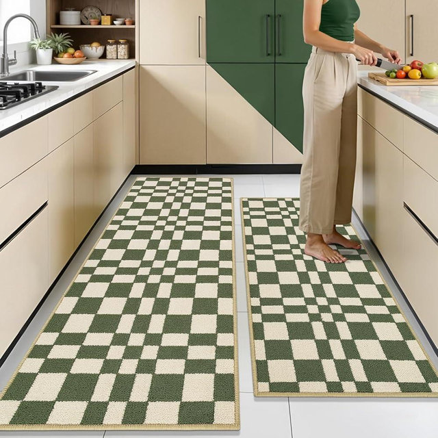 hicorfe Checkered Grid Checkerboard Kitchen Rugs,Set of 2 Non Slip Kitchen Mats for Floor,Washable Kitchen Runner Rugs Carpets for Hallways Entryway Laundry Room(20"x48"+21"x59",Green)