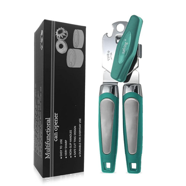 Safring Can Opener Manual, Handheld Strong Heavy Duty Stainless Steel Can Opener, Comfortable Handle, Sharp Blade Smooth Edge, Can Openers with Multifunctional Bottle Opener, Aqua Sky