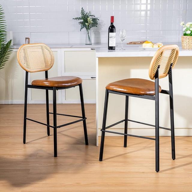 SIMTONAL 25'' Counter Height Bar Stools Set of 2 with Rattan Backrest for Kitchen Island, Brown