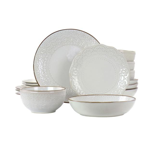 Elama Josefina Embossed 16 Piece Double Bowl Stoneware Dinnerware Set, Service for 4