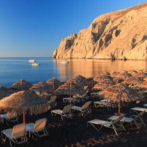Day at Perissa Beach in Santorini, Greece