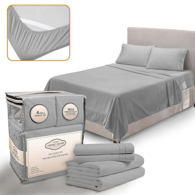 Abeero Home Full Size Bed Sheets Cooling - Luxury Hotel Sheet Set - Soft Sheet with Elastic Corner Strap - Deep Pocket Microfiber Bedsheet - Bedding Sheet & Pillowcases -4 PC (Full Size, Light Gray)