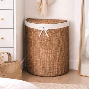 Amazon Best Choice Products Half Moon Laundry Hamper w/Lid, Woven Half Round Laundry Basket, w/Removable Liner & Bult-in Handles for Bathroom, Bedroom & Laundry Room - Chestnut