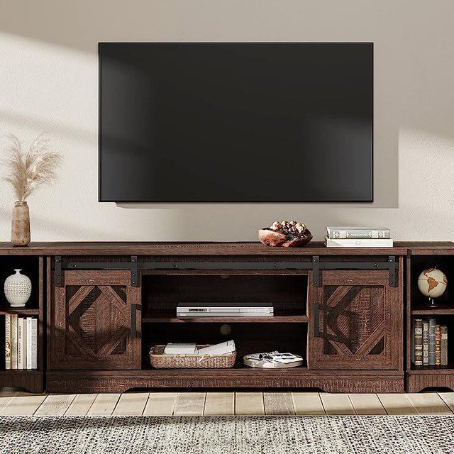 WAMPAT Modern Farmhouse TV Stand for up to 85" TVs Wood Entertainment Center with Open Storage for Living Room, Rustic Brown