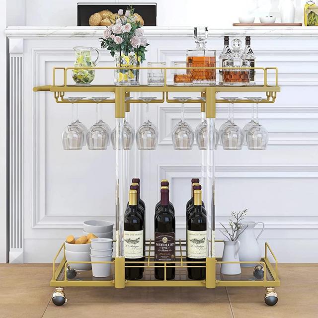O&K FURNITURE Gold Bar Cart with Wine Rack & Glass Holder, Acrylic Bar Serving Cart on Wheels, Mobile Wine Cart with Storage for Living Room, Kitchen, Dining Room