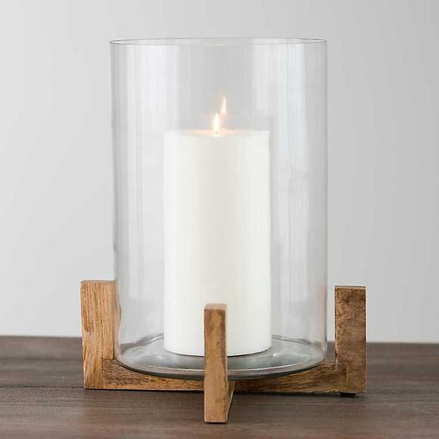 Mango Wood Base Hurricane Candle Holder, 13 in.