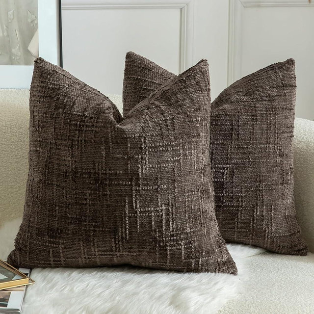 MANDIOO Pack of 2 Soft Chenille Textured Throw Pillow Covers Square Accent Solid Decorative Cushion Cover Cozy Farmhouse Pillow Case for Couch Sofa Bed Living Room 16x16 Inch Coffee