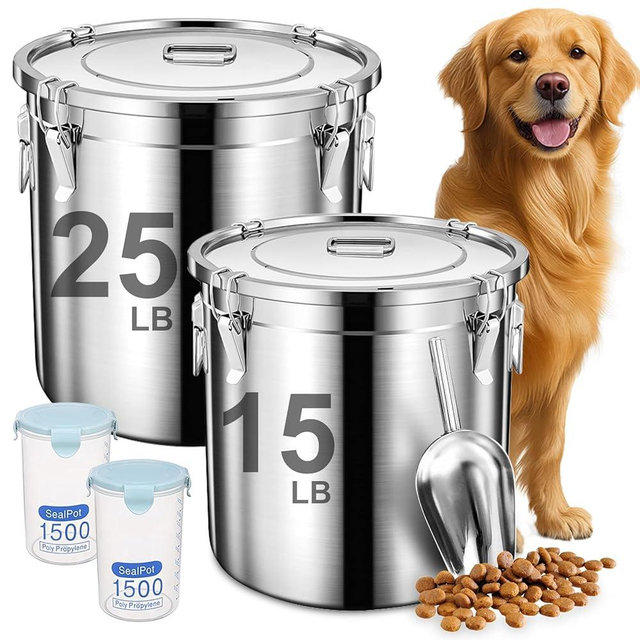 Newget Dog Food Storage Containers, Large Stainless Steel Pet Food Storage Containers 38 lb / 17 kg to Keep Fresh, Metal Airtight Cat Food Containers With Scoop and 2 Small Containers