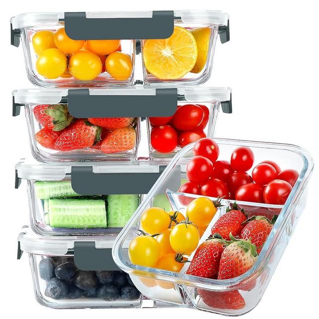 KOMUEE Glass Meal Prep Containers 3 Compartments, 5 Pack 36 oz, Glass Food Storage Containers with Lids, Airtight Lunch Bento Box, Portion Control, Freezer and Microwave Safe