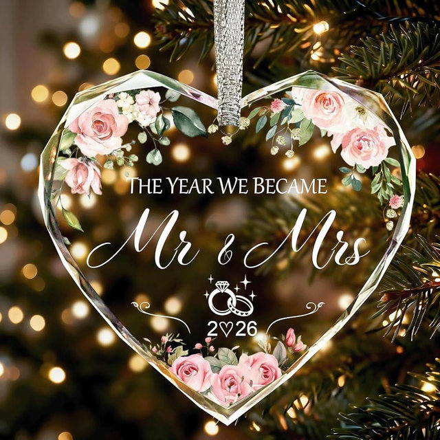 Wedding Gifts for Couples 2026 - First Christmas Married Ornament 2026 Crystal Glass, Wedding Gift Ideas for Newlywed Mr and Mrs, Bridal Shower Gifts for Bride-06