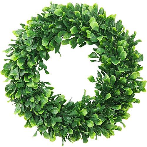 ElaDeco Faux Boxwood Wreath 16" Artificial Green Leaves Wreath for Front Door Hanging Wall Window Wedding Party Decoration