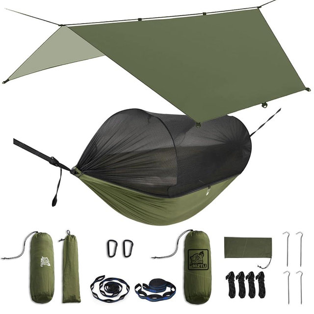 Miztli Camping Hammock -Portable Hammock w/Spacious Net & Tree Straps w/Adjustable Loops, Double and Single Hammock for Outdoor, Indoor, Hiking and Travel