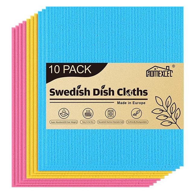 HOMEXCEL 10 Pack Swedish Dish Clothes,Reusable Sponge Cloth, for Kitchen, Counters & Washing Dishes, Highly Abosrbent,3 Colors Assorted