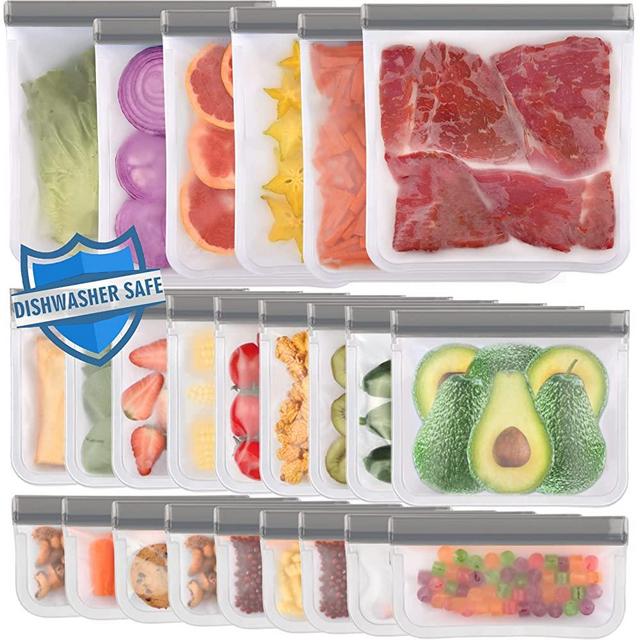 24 Pack Dishwasher Safe Reusable Ziplock Bags Silicone, Leakproof Reusable Silicone Food Storage Bags, BPA Free Reusable Freezer Bags for Meat Veggies (6 Gallon 9 Snack 9 Sandwich Bags) - Grey