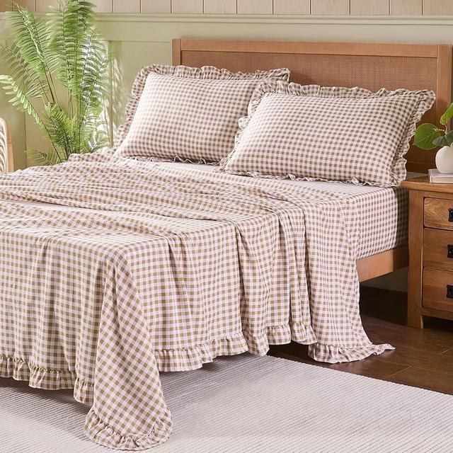 kisswish Gingham Queen Sheet Set, Lightweight Super Soft Brushed Microfiber Plaid Bed Sheets with 16" Deep Pocket, 4 Piece Ruffle Farmhouse Bedroom Decor, Taupe