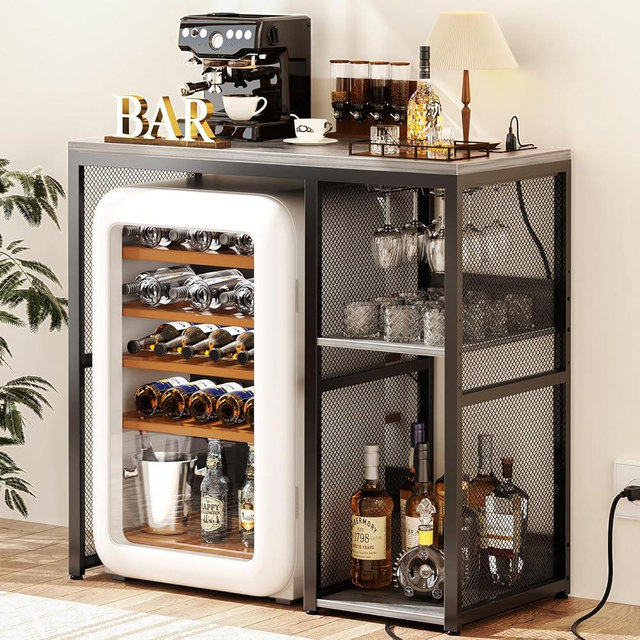 Homieasy Mini Fridge Cabinet Stand with Power Outlet, Coffee Bar Cabinet with Mini Fridge Space, Bar Stand with Microwave Shelf with Wine Rack for Kitchen, Dorm,Light Oak