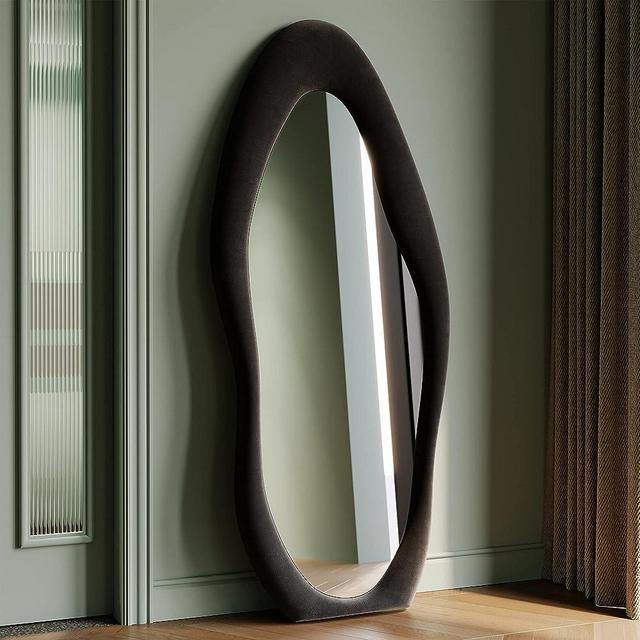 Honyee Full Length Mirror, 63" x 24" Wall Mirror, Flannel Wrapped Wooden Frame Floor Mirror, Irregular Wavy Mirror Hanging or Leaning Against Wall for Cloakroom/Bedroom/Living Room, Black