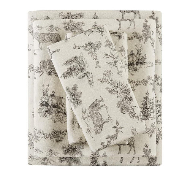 Comfort Spaces Cotton Flannel Breathable Warm, Deep Pocket Sheets with Pillow Case Bedding, Queen, Grey Woodland Toile 4 Piece
