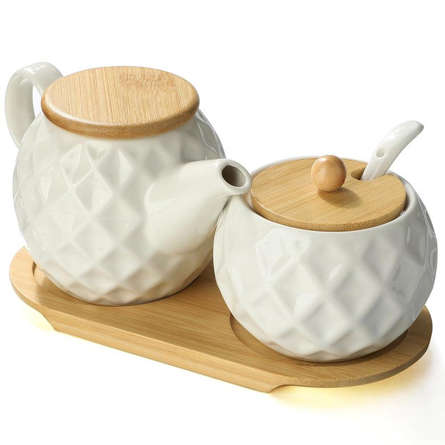 Ceramic Creamer and Sugar Sets,12oz Cream Pitcher, 7.5oz Sugar Bowl with Tray, Spoon and Lid for Cream and Sugar Spices, Condiments, Coffee Accessories,Tea
