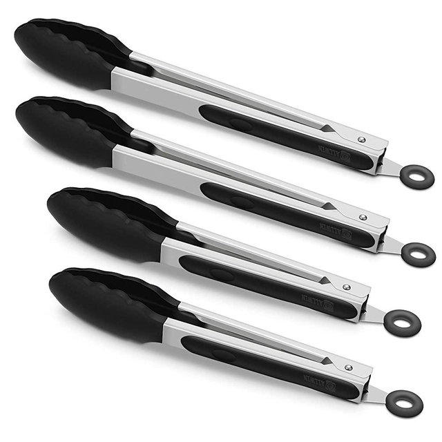 4 Pack Black Kitchen Tongs, Premium Silicone BPA Free Non-Stick Stainless Steel BBQ Cooking Grilling Locking Food Tongs, 9-Inch & 12-Inch