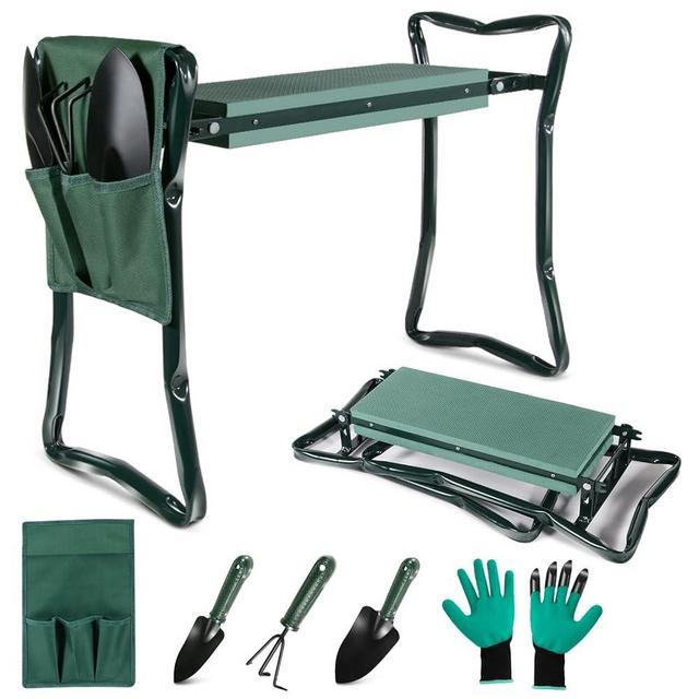 Almcmy Garden Kneeler and Seat, Foldable Garden Stool with Thicken Foam Kneeling Pad, Heavy Duty Gardening Bench with 1 Tool Pouch, 2 Gloves & 3 Garden Tools, Gardening Gifts for Men, Women, Seniors