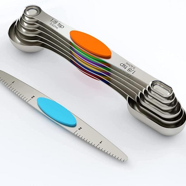 ChefAide 304 Stainless Steel Magnetic Measuring Spoons Set, 2022 Upgrade Extend Handle, Dual Sided, Stackable, Adjustable Teaspoon and Tablespoon Measure Spoon Kitchen Gadgets Set of 7