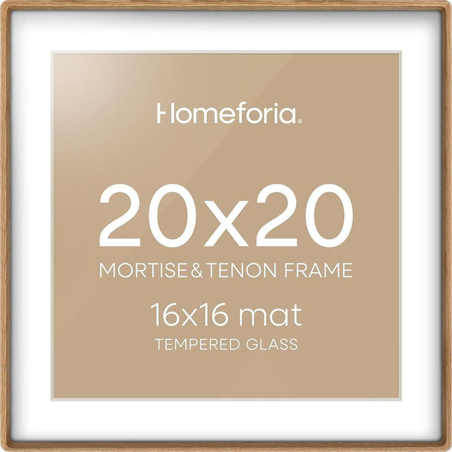 Homeforia 20x20 Picture Frame Light Wood, Mortise & Tenon Natural Oak 20 x 20 Photo Frames with Mat 16 x 16 for Wall, 20x20 Solid Wooden Frames Matted to 16x16 Print, Tempered Glass, Wall Kit, Set of 1
