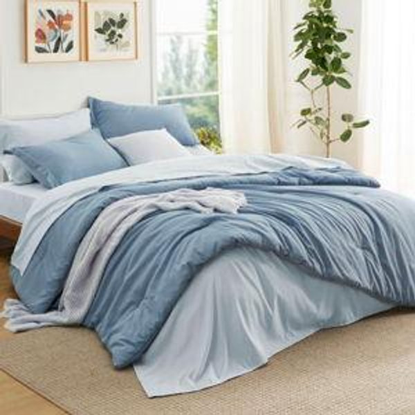 7 Pieces Boho Contrasting Design Bedding Comforter Set Queen Size Grayish Blue