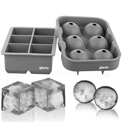 glacio Ice Cube Trays Silicone Combo Ice Molds (Gray) - Set of 2, Sphere Ice Ball Maker with Lid & Large Square Molds, Reusable and BPA Free