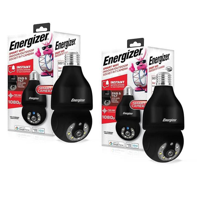 Energizer Smart Light Bulb Security Camera 2-Pack, Outdoor Socket Camera, 1080p, Auto Tracking, Pan & Tilt, Night Vision, 2-Way Audio, Instant Alerts, Works with Google Home & Alexa (2, Black)