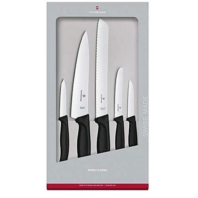 Victorinox Swiss Classic Kitchen Knife Set, 5 Pieces - Paring Knives, Utility Knife, Carving Knife and Bread Knife - Black