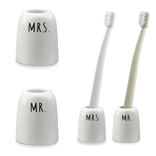 Mr and Mrs Ceramic Toothbrush Holders - Bridal Shower Engagement Anniversary Wedding Housewarming Gifts New Home for Couples, Mr and Mrs Gifts Toothbrush Holder for Bathrooms, White, Set of 2