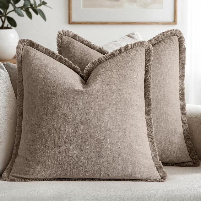 MIULEE Decorative Throw Pillow Covers Neutral Linen Fringe Throw Pillows Euro Shams Set of 2 Dune Boho Farmhouse Cushion Covers for Couch Sofa Bed Living Room Spring Home Decor 22x22 Inch
