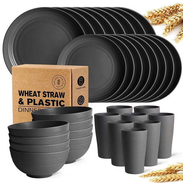 Teivio 32-Piece Kitchen Plastic Wheat Straw Dinnerware Set, Service for 8, Dinner Plates, Dessert Plate, Cereal Bowls, Cups, Unbreakable Colorful Plastic Outdoor Camping Dishes, Gray Matte