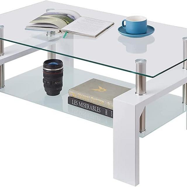 Rectangle Glass Coffee Table, Tea Table Modern Side Coffee Table with Lower Shelf Suitable for Living Room, 2-Tier Center Coffee Tables for Living Room, Tempered Glass Tabletop & Metal Legs