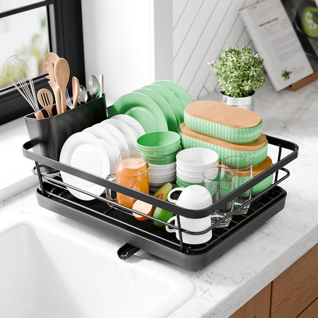 Kitsure Dish Drying Rack - Compact Dish Rack with Utensil Holder & Adjustable Water Outlet, Rust-Proof & Scratch-Resistant Drying Rack for Kitchen, 15.5" x 12.0" x 5.0", Black