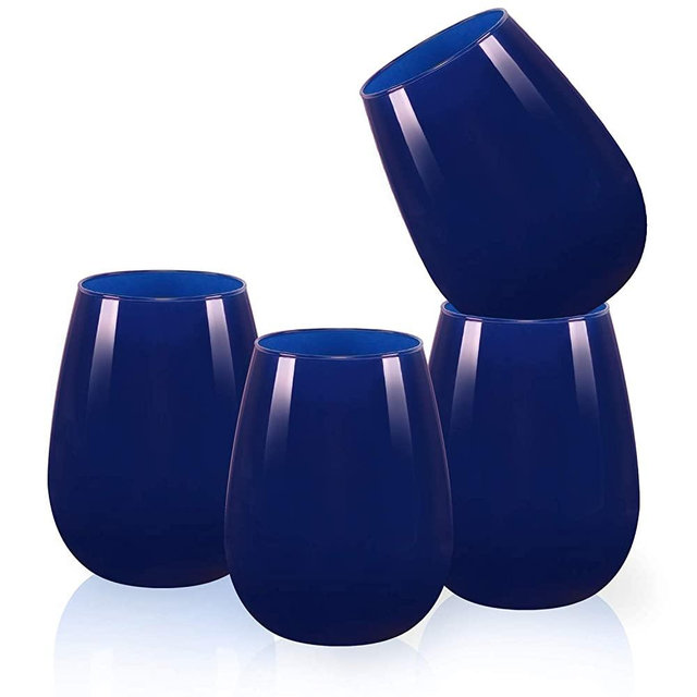 Colored Wine Glasses Set of 4, Colorful Stemless Wine Glass for Red Wine, Coffee, Tea, Water, Cocktail, Juice - Ideal Gift for Women, Men, Best Friends, Sisters, Coworkers (Dark Blue, 15Oz)