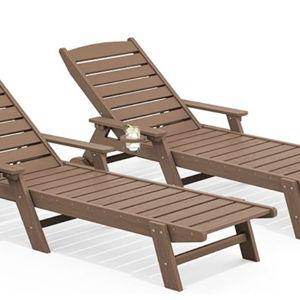 SERWALL Patio Chaise Lounge Chair Set of 2, 78'' Long HDPE Outdoor Lounger, 5 Positions Adjustable Poly Lounge Chair with Rolling Wheels & Cup Holder for Pool, Brown
