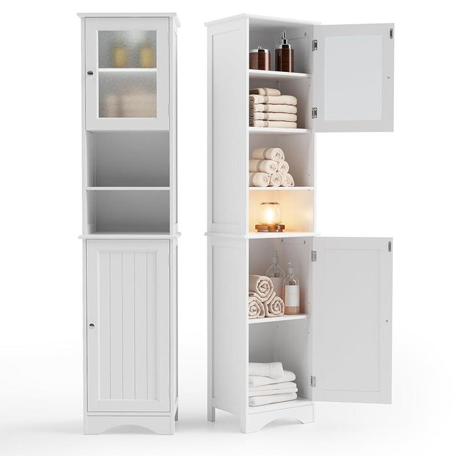 Gizoon 67.1" Tall Bathroom Storage Cabinet with Adjustable Shelves, Narrow Tall Linen Tower with Open Shelves, 2 Doors Freestanding Cabinet with Anti-Tip, for Home, Kitchen, Living Room, White
