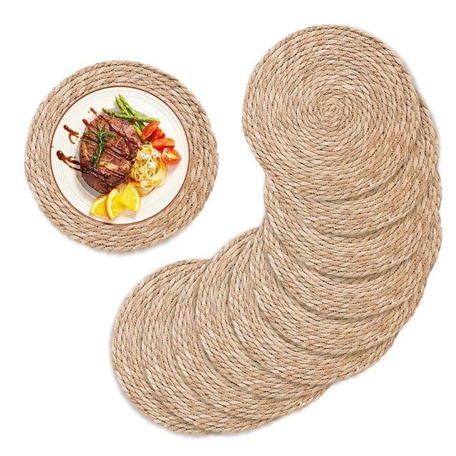 Round Placemats Set of 10, 12" Boho Rattan Placemats, Natural Hand-Woven Water Hyacinth Placemats, Farmhouse Weave Place Mats, Rustic Braided Wicker Table Mats for Dining Table, Home, Wedding