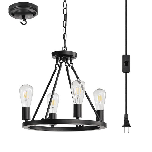 4-Light Plug in Chandelier,Wagon Wheel Style,Black Round Metal Chandelier,Hanging Light with 16.5ft Cord,On/Off Switch,Modern Industrial Look outdoor light fixture for gazebo,Bedroom,Dining Room