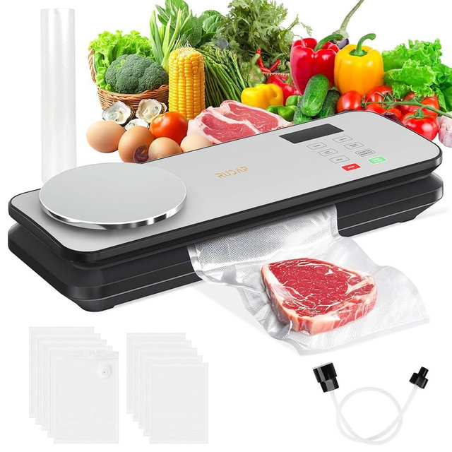 Vacuum Sealer for Food, 90kPA Powerful Food Saver Vacuum Sealer Machine with Digital Kitchen Scale, 12-in-1 Food Vacuum Sealer with Dry & Moist Food Modes, 10 pcs & 1 Roll Vacuum Bags, Starter Kits