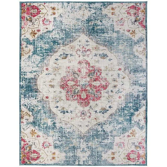ReaLife Machine Washable Rug - Stain Resistant, Non-Shed - Eco-Friendly, Non-Slip, Family & Pet Friendly - Made from Premium Recycled Fibers - Vintage Distressed Bohemian - Light Blue, 7'6"x9'6"