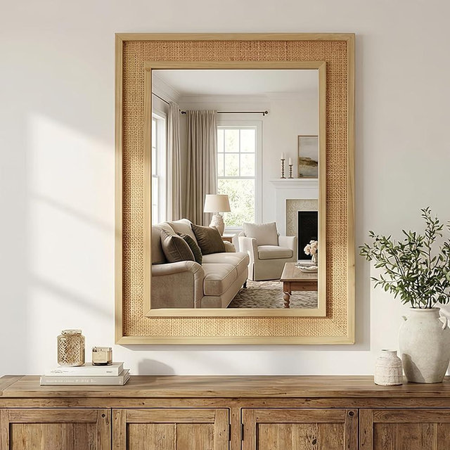 anwickjeff Boho Mirror for Wall Décor: 24"x36" Wood Frame Rattan Rectangular Mirrors for Farm/Bedroom/Dressing Table/Bathroom/Sink, Natural Wall Art (Natural Wood)
