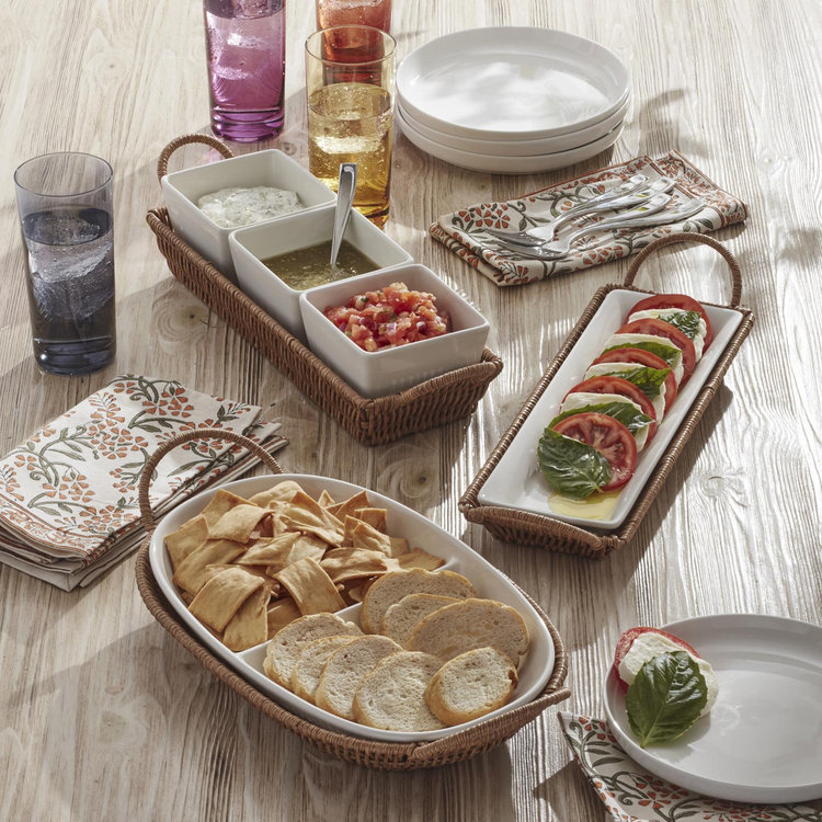 Oneida, Willow & White 4-Piece Dip Bowl & Rattan Tray Set | Zola