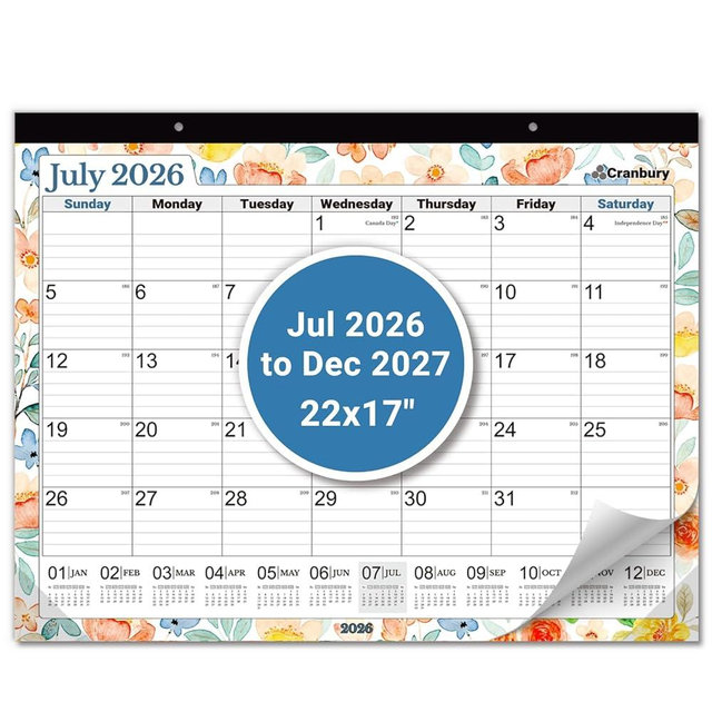 CRANBURY 22x17 Large Desk Academic Calendar 2026-2027, July 2026 to December 2027, 17 x 22 Monthly Deskpad Blotter with Floral Designs, Extra Large Hanging Wall Planner for Teacher, Home or Office