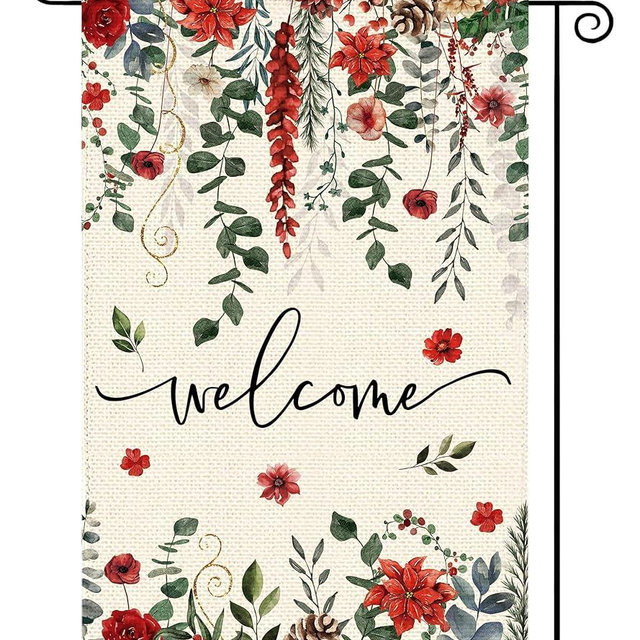 Tikeciti Christmas Red Poinsettia Welcome Garden Flag 12x18 Inch Double Sided, Xmas Berry Burlap Small Yard Flag Winter Floral Farmhouse Flags Seasonal Patio Outdoor Outside Decoration